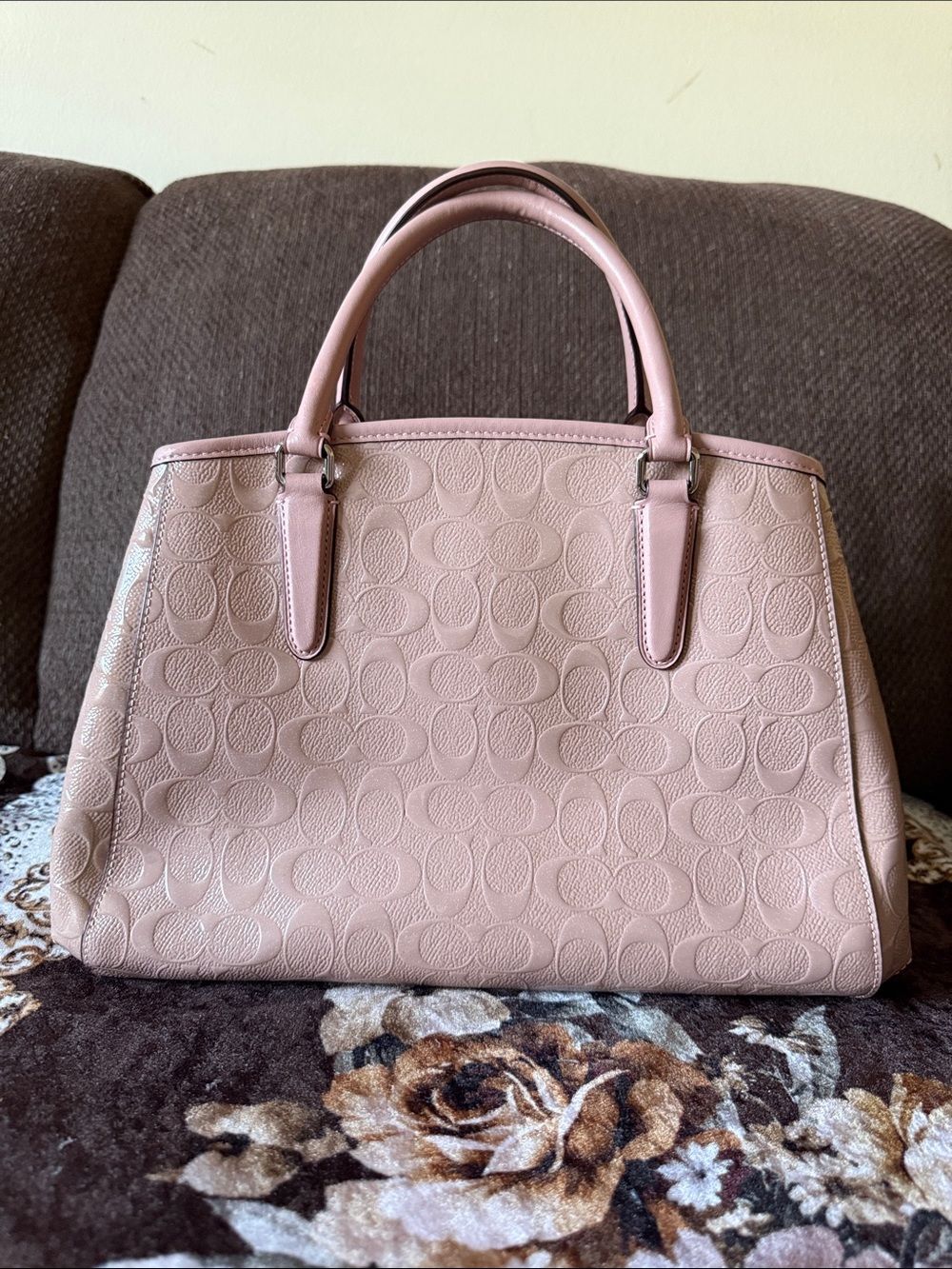 COACH Signature Logo Patent Leather Silver-Tone Margot Blush Pink Carryall Bag - Picture 14 of 15
